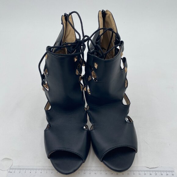 Black Peep Toe Stylish High Heel Pumps Lace Up Cut Out Stiletto Party Shoe - Picture 2 of 6